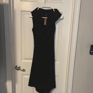Black Sheath Midi Dress with Cowl Neck and Cap Sleeves